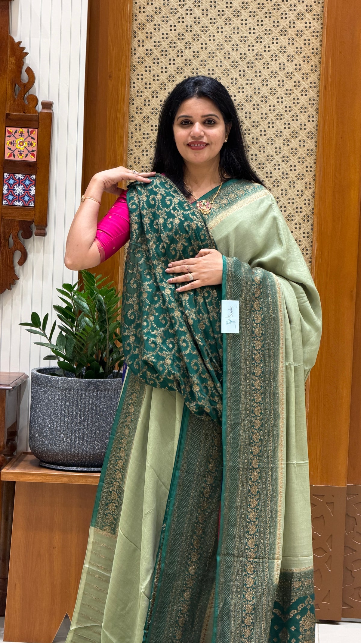 BANARASI CREPE SILK SUV4735-PISTA WITH BOTTLEGREEN