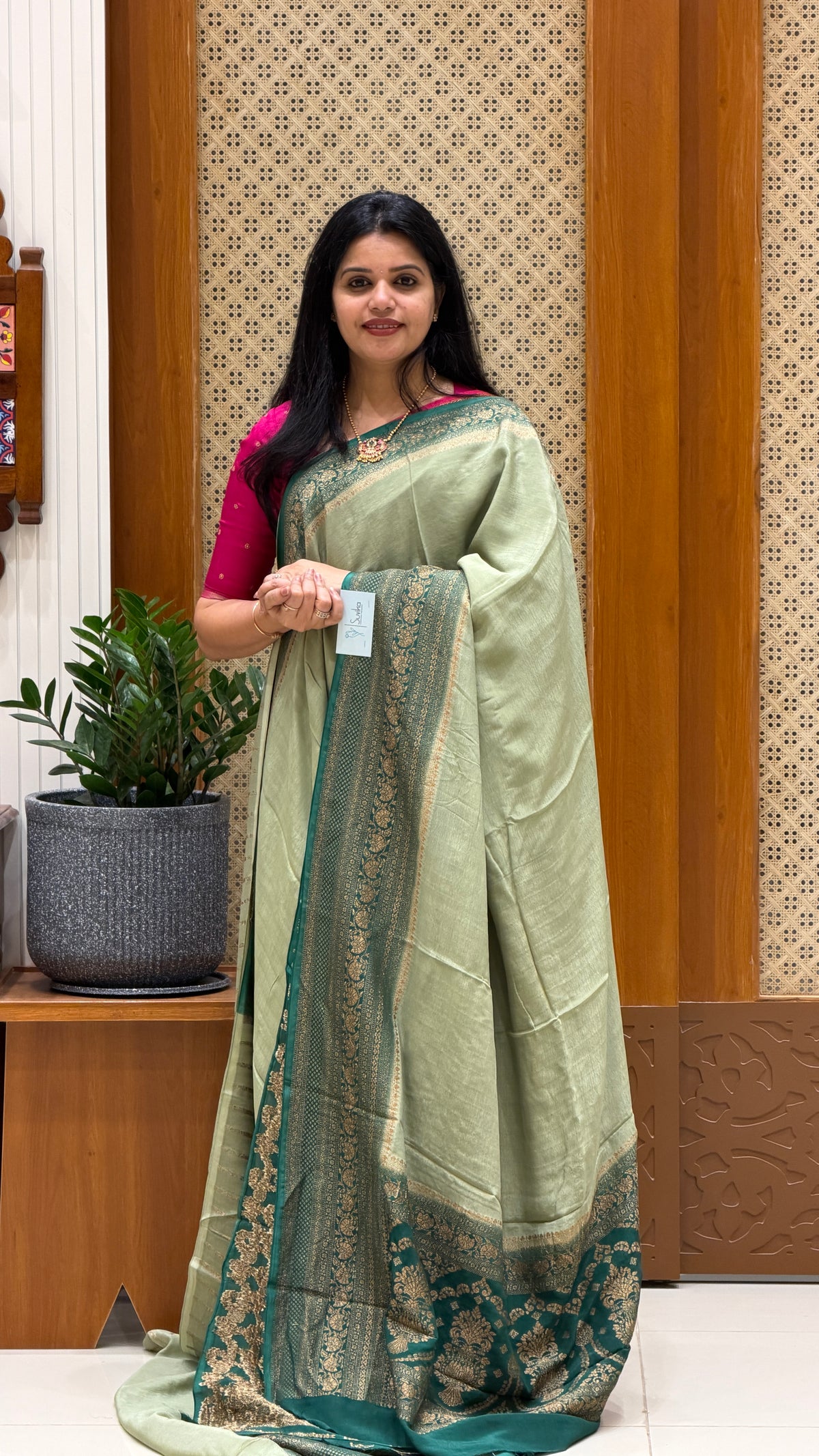 BANARASI CREPE SILK SUV4735-PISTA WITH BOTTLEGREEN
