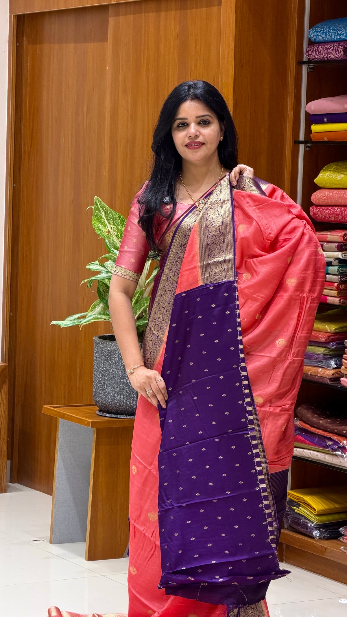 CREPE KANCHI SILK SUV5669-PEACH WITH BLUE