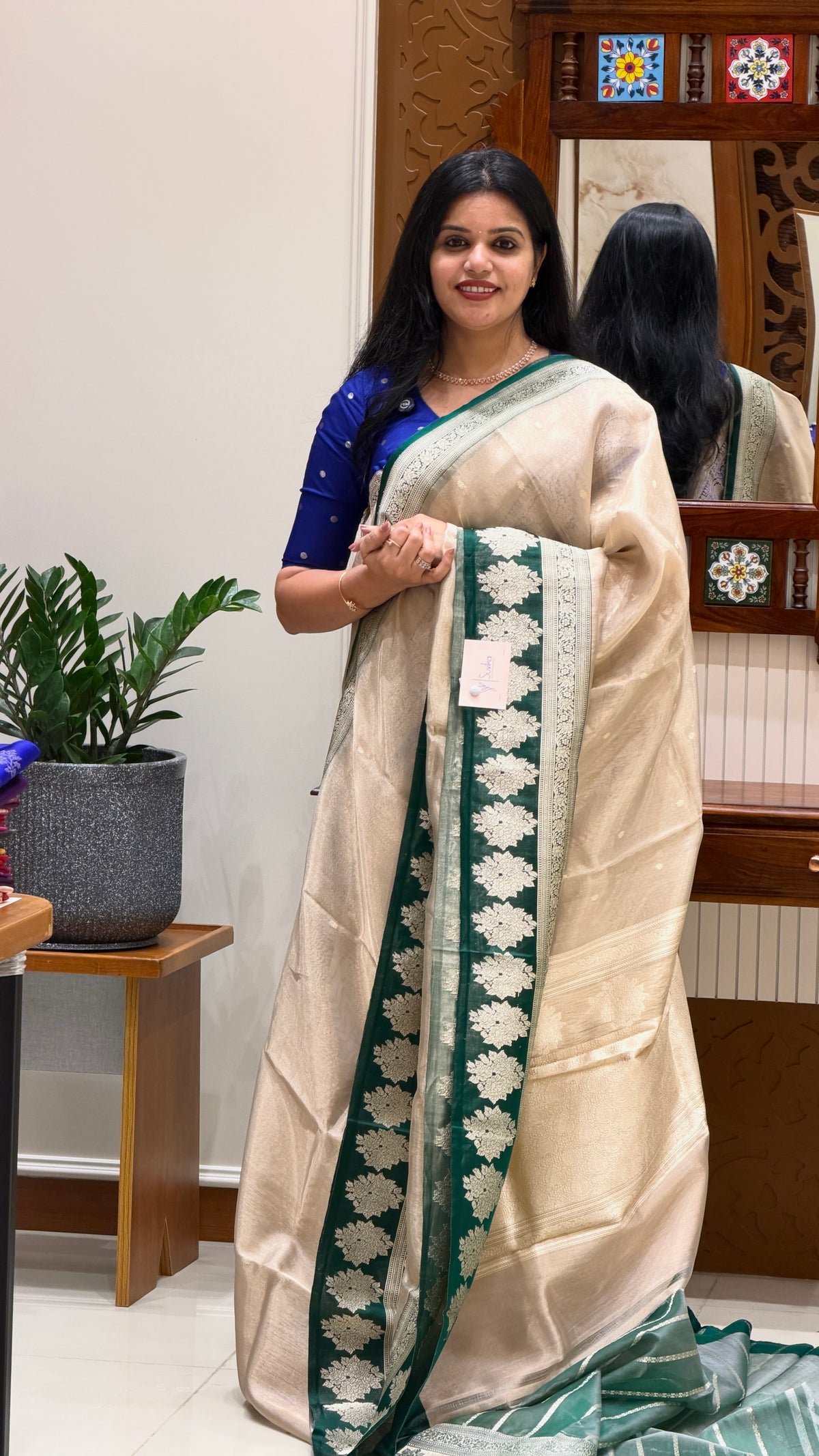 PURE TISSUE SAREE PSJV366-BOTTLEGREEN