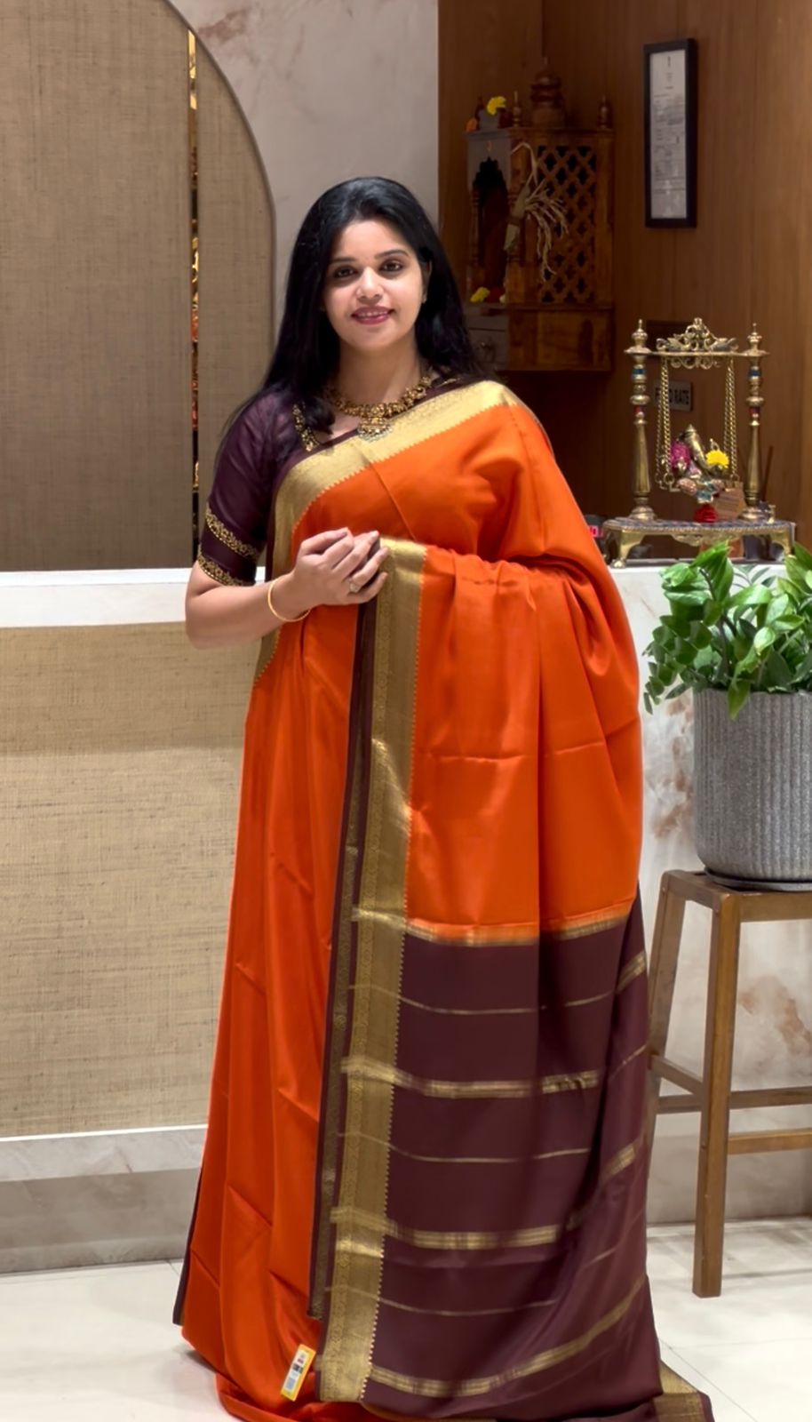 PSUV171-ORANGE WITH COFFEE BROWN PURE MYSORE CREPE SILK