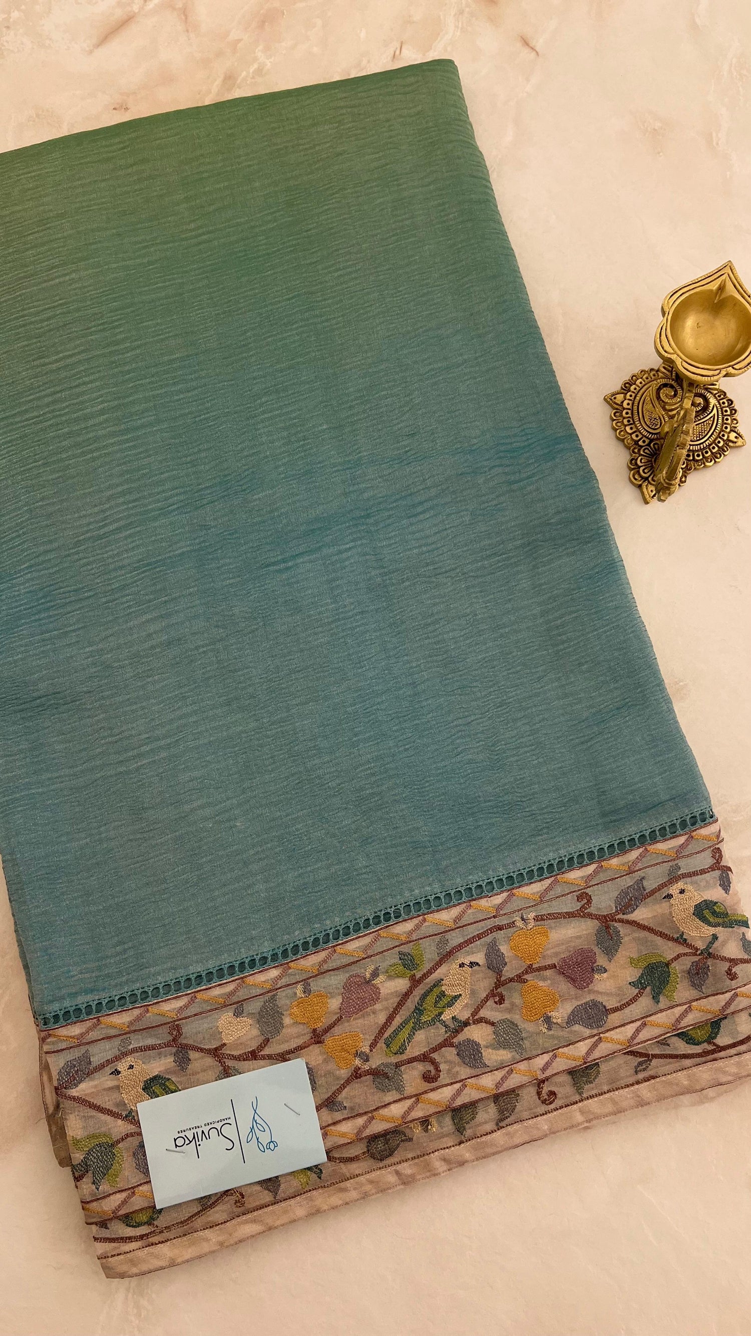 SUV3084 - SEAGREEN WITH PISTA PURE TISSUE SAREE