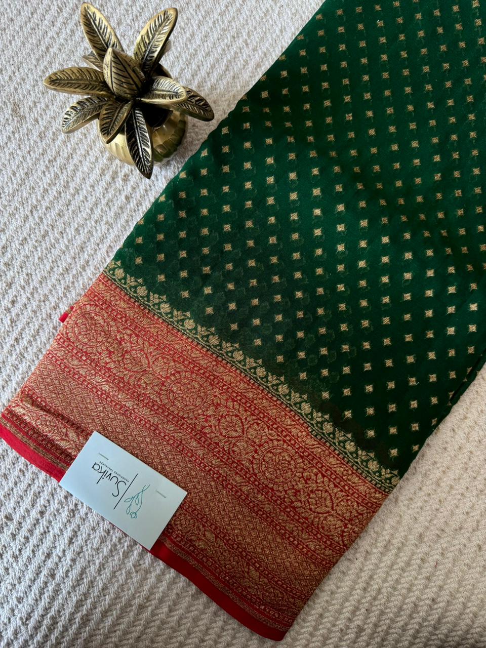PSUV241-BOTTLEGREEN WITH RED PURE GEORGETTE SAREE
