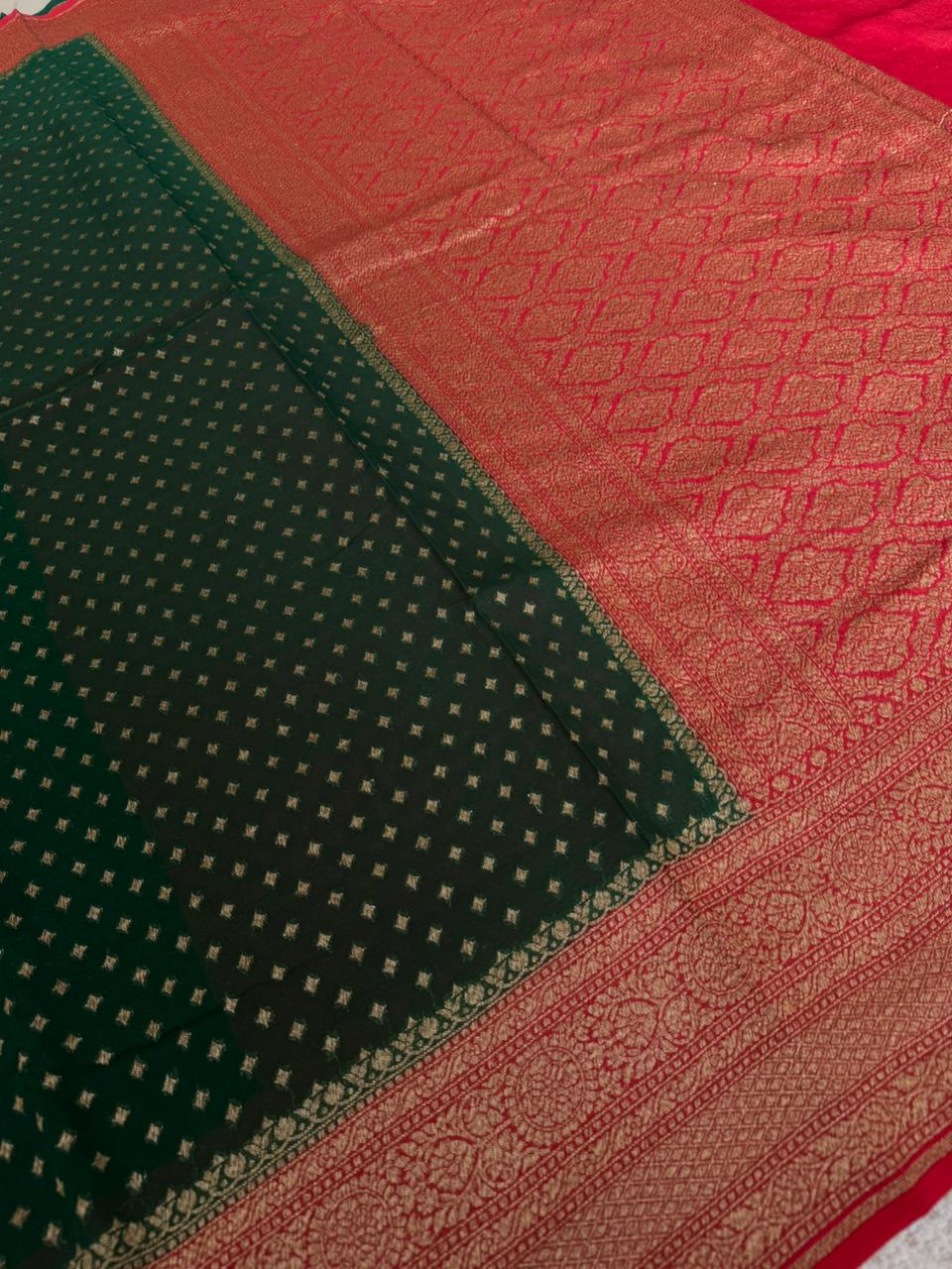 PSUV241-BOTTLEGREEN WITH RED PURE GEORGETTE SAREE