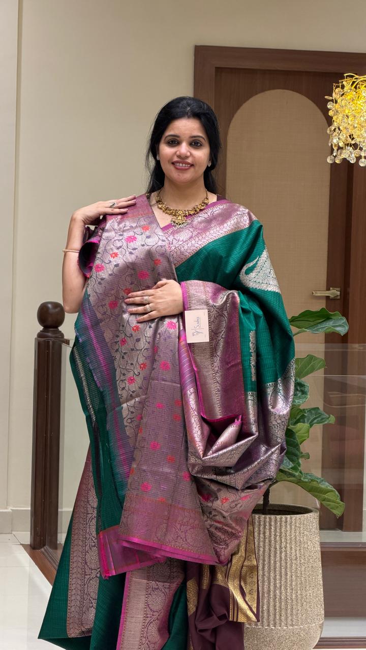 PURE DUPION SILK SAREE PSJV374-BOTTLEGREEN