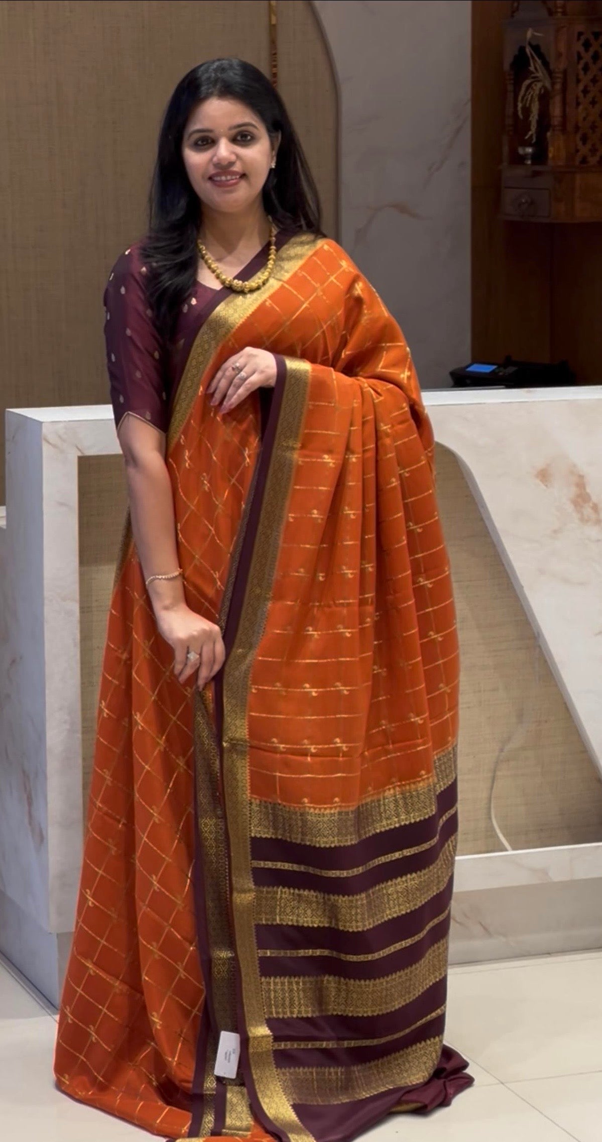 PSUV264-ORANGE WITH COFFEEBROWN PURE MYSORE CREPE